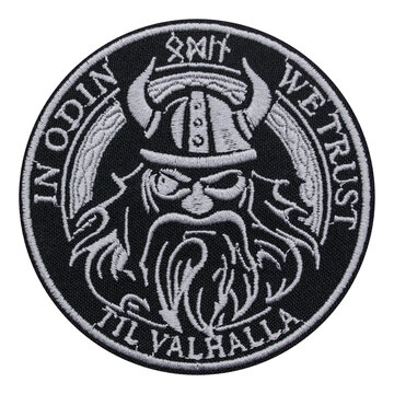 Embroidered patch In Odin We Trust. Til Valhalla. Viking style. Thor, Asatru. Accessory for metalheads, punks, rockers, bikers, satanists, emo, street aggressive subcultures.