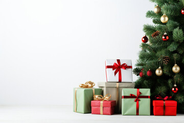 Christmas tree with gifts on white wooden table and white wall background. High quality photo