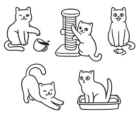 Cat life doodle set. Cute cartoon kitty playing, scratching, using litterbox. Simple cat drawing, black and white vector illustration.