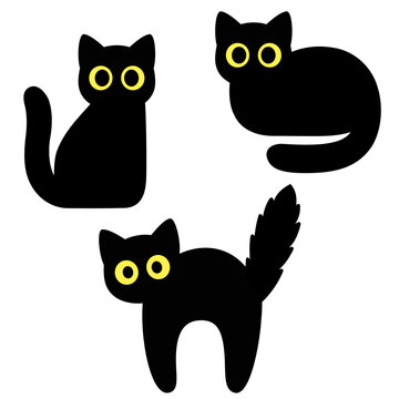 Simple cartoon black cat silhouette set