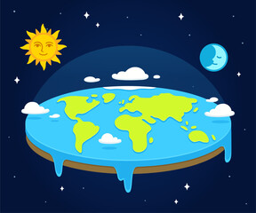 Cartoon flat earth in space with sun and moon rotating around it. Simple style vector clip art illustration.