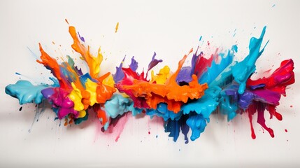 multicolored paint splashes suspended in mid-air on a pristine white canvas.