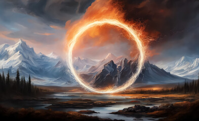 Fototapeta premium A fantastic landscape with a neon circle. The background is dark. AI