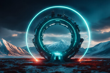 A fantastic landscape with a neon circle. The background is dark. AI