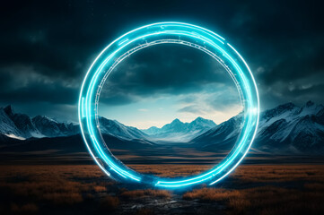 A fantastic landscape with a neon circle. The background is dark. AI