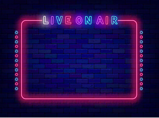 Live on air neon advertising. Colorful handwritten text. Vintage pink border. Talk show online. Vector illustration