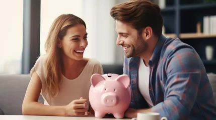 Fotobehang Smiling couple sitting on a sofa, holding a pink piggy bank together, symbolizing financial planning and savings in a domestic setting. © MP Studio