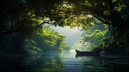 river landscape, where a rowboat glides silently through a tunnel of lush greenery, its reflection...