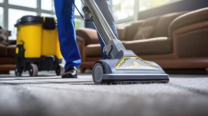 Fototapeta premium Person vacuuming the carpet at home with a modern vacuum cleaner