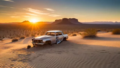Fototapete Vielle carcasse rouillée de voiture abandonnée dans le désert © Cristian