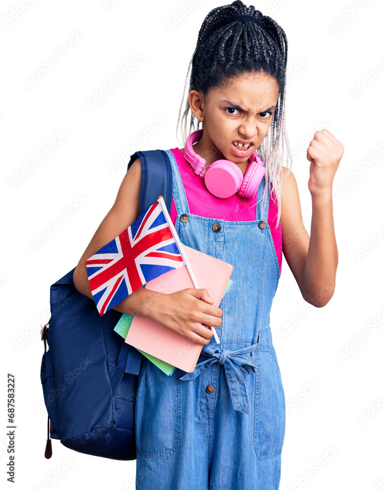 Canvas Prints cute african american girl wearing student backpack holding united kingdom flag annoyed and frustrat