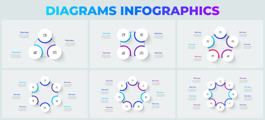 Set of cycle diagrams with 3, 4, 5, 6, 7 and 8 options or steps. Slides for business presentation. Circle abstract elements