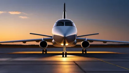 Fotobehang Jet privé sur une piste d'atterrissage au coucher du soleil © Cristian
