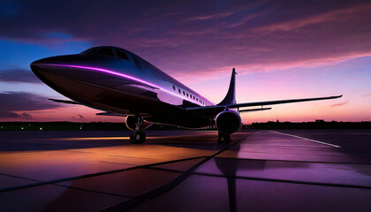 Jet privé sur une piste d'atterrissage au coucher du soleil