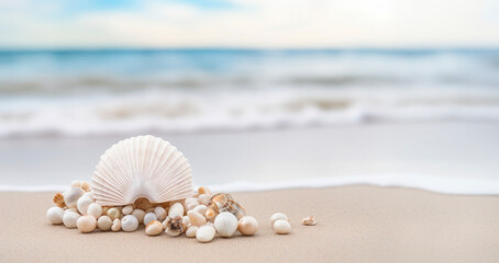 Elegant shell and delicate baubles artfully arranged on the beach, creating a unique holiday composition against the ocean waves.