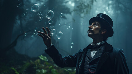 Man in Top Hat Blowing Bubbles in a Misty Forest: Magician in mystical, mist-filled forest, adding an air of mystery to the whimsical scene.