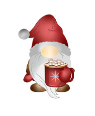 Christmas gnome with cup of cocoa with white background