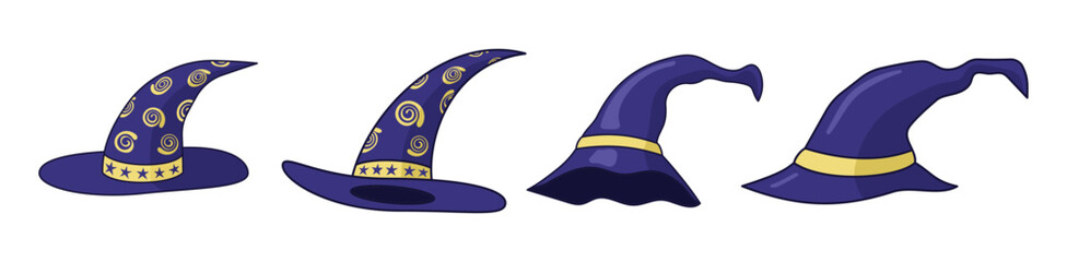 Set of magician hats. Blue magic hats. Invisible hat. Flat vector illustration with outline.