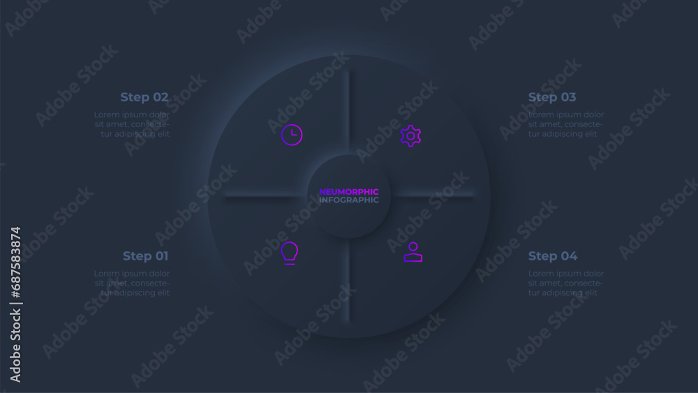 Poster circle diagram divided into 4 sectors. design concept of four steps or parts of business cycle. dark