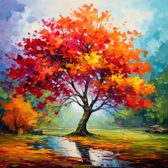 Obraz na płótnie Canvas the vibrant essence of autumn with a colorful tree adorned in brilliant shades of scarlet, saffron, and emerald, as if a painting brought to life - Image #1 @asad khan