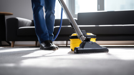 Person vacuuming the carpet at home with a modern vacuum cleaner