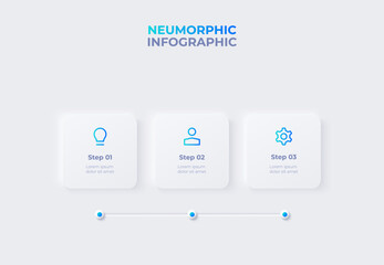 Neumorphism timeline infographic. Skeuomorph concept with 3 options, parts, steps or processes