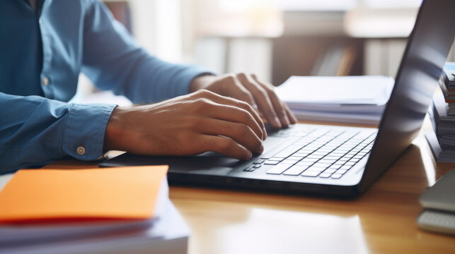 Close-up of a man's hands typing on a laptop keyboard, with a stack of paperwork beside them