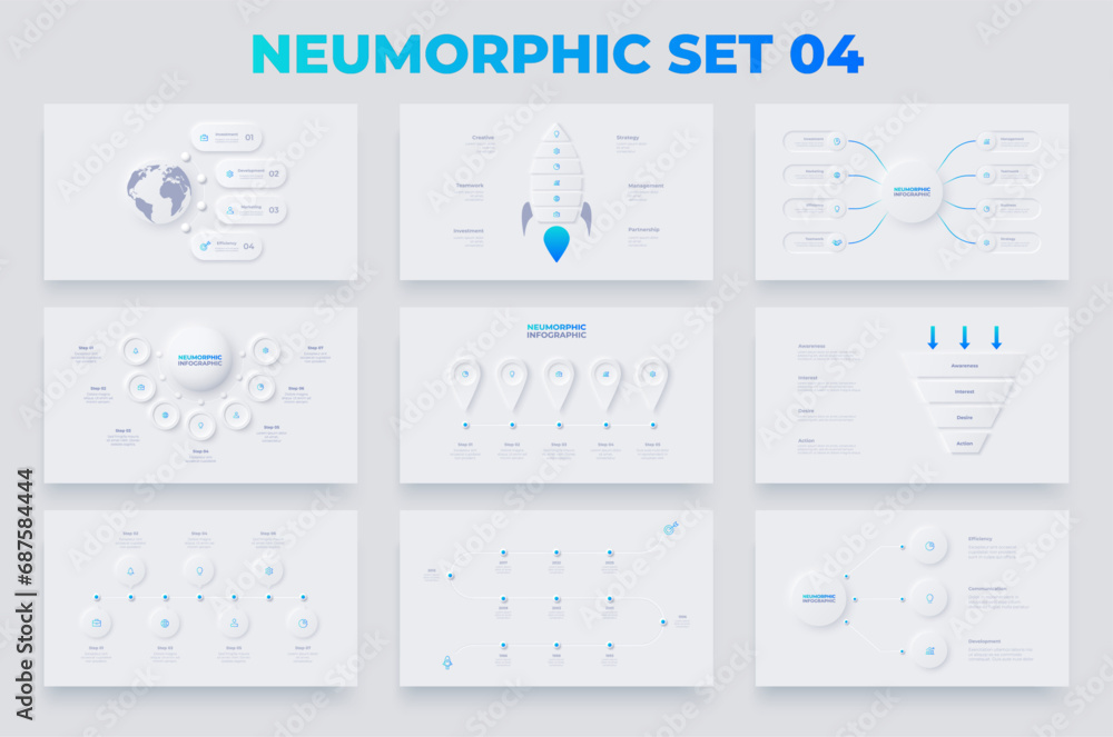 Poster Nine slides with neumorphism infographics elements. Timelines, funnel, rocket, earth and cycle diagrams. Set of diagrams with 4, 5, 6, 7 and 8 options