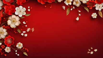 Chinese red background with flowers. Copy space. Happy New Year concept.