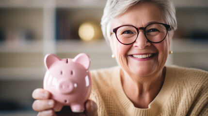 Joyful elderly woman holding a pink piggybank, symbolizing financial security and the importance of savings, especially for retirement. - obrazy, fototapety, plakaty