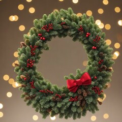 Fototapeta na wymiar christmas wreath with red ribbon and holly