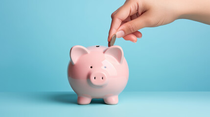 Hand inserting a coin into a pink piggy bank, symbolizing personal savings and financial planning.