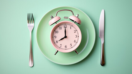 Clock placed on a plate flanked by a fork and a knife , symbolizing the importance of timing in eating habits. - obrazy, fototapety, plakaty