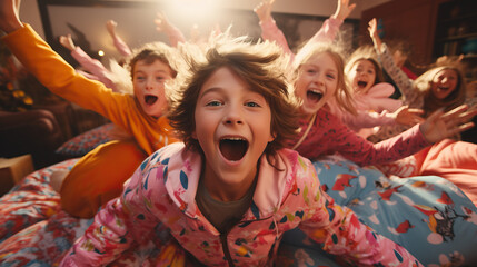 Group of kids in colorful pajamas engaged in a playful pillow fight, capturing the excitement and laughter in a cozy bedroom setting.