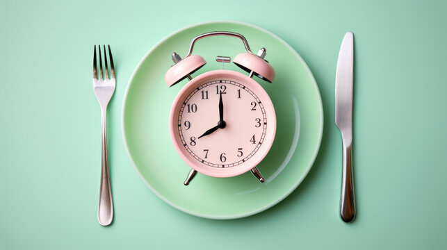 Clock placed on a plate flanked by a fork and a knife , symbolizing the importance of timing in eating habits.