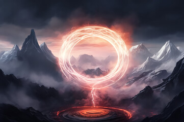 A fantastic landscape with a neon circle. The background is dark. AI