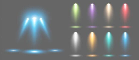 A set of blue and colored spotlights, lighting the stage with the light of lighting fixtures on a gray background. Bright lighting with floodlights. Vector light sources. The light from the spotlight