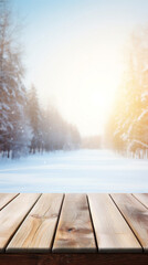 Empty wooden table on defocused winter forest, serene, minimalistic scene for mockup and rustic, seasonal designs. Winter or Christmas scene with mockup table on background of winter forest
