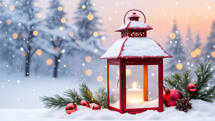 A Vibrant Red Lantern Illuminating a Serene Snow-Covered Landscape