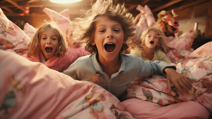Group of kids in colorful pajamas engaged in a playful pillow fight, capturing the excitement and laughter in a cozy bedroom setting.