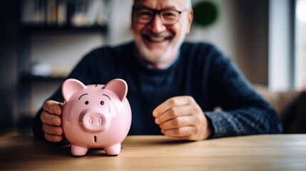 Joyful elderly man holding a pink piggybank, symbolizing financial security and the importance of savings, especially for retirement.