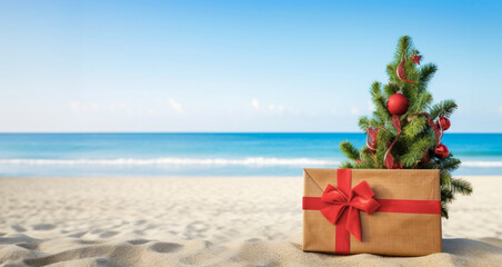 Gift-wrapped Christmas tree on a sandy beach, bringing the holiday spirit to a tropical paradise with a clear blue ocean in the background.
