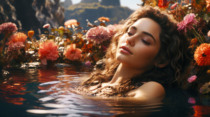 A lady relaxes in a pool full of flowers. The wellness concept combines travel with the renewal of...