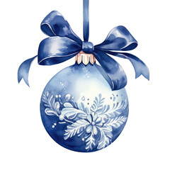Indigo watercolor Christmas ball with ribbon and a bow, isolated on background. Generative AI.