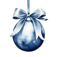 Indigo watercolor Christmas ball with ribbon and a bow, isolated on background. Generative AI.