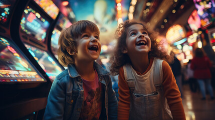 Kids Playing Arcade Games in Retro Outfits: Capture children playing classic arcade games colorful 80s fashion, showcasing the arcade culture of the era