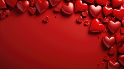 Valentine's Day themed background featuring a bright red backdrop with a frame, surrounded by various sizes of 3D heart shapes in shades of red.