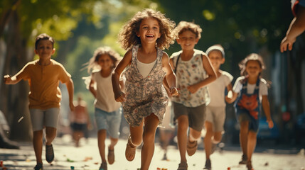 Kids Playing Street Games running: Photograph children engaged in classic street games popular in the 90s, showcasing the simplicity and fun of outdoor play.