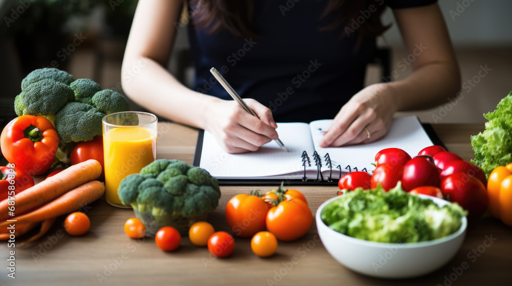 Wall mural Person writing in a notebook surrounded by a variety of colorful fruits and vegetables, planning healthy diet.