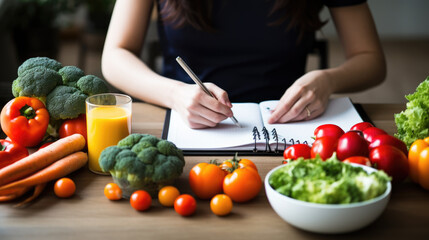 Person writing in a notebook surrounded by a variety of colorful fruits and vegetables, planning healthy diet. - obrazy, fototapety, plakaty